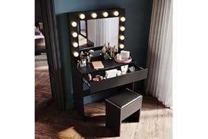 SONNI Toaletka z taboretem, lustrem, toaletka z szufladami do sypialni, biurko z płyty MDF i litego drewna, dziecinnie łatwy montaż, czarna, 80 x 40 x 140 cm, GTD006