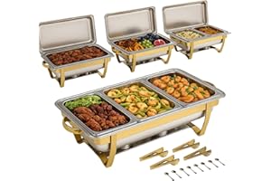 EffiQ-Rate 4 Stück Gold Edelstahl Chafing Dish Buffet Set, 9 QT Rechteckig Speisenwärmer Buffet Server mit Deckel und 7 Pfannen, Wärmebehälter mit Küchenutensilien für Catering Veranstaltungen