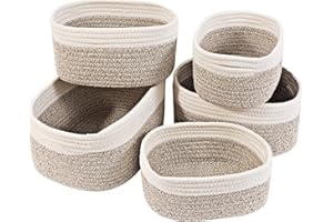 Otoomenz Woven Cotton Rope Storage Basket, 5PCS Shelf Baskets with Handles,Toy Basket Storage Baby Storage Organiser Bathroom Storage Baskets for Make up Cupboard Drawer Closet Shelf(Desert)