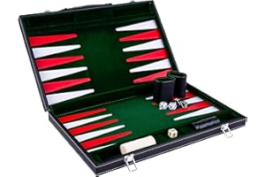 Engelhart – 250518 – Deluxe Backgammon 18” – Green/Red/White – Quilted board – Black faux leather case with handle – 2 players