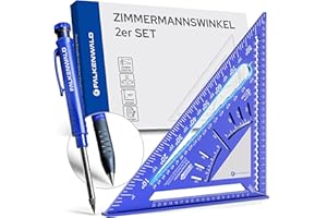 Falkenwald® Equerre Menuisier 300 mm + Crayon Chantier + Surface d'écriture - Avec marqueur pour trous profonds - Outils de Traçage pour charpentier, couvreur, Bricolage Outillage
