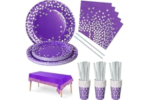 Nkaiso 126pcs Violet et argent Party Vaisselle, Decoration fête Anniversaire Kit,Papier Assiette Papier Tasse Serviette Pailles Nappe,en Mariages Baby Shower Noël- 25 invités