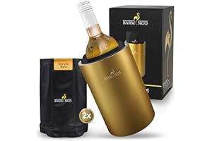‎BARMINGO BARMINGO Weinkühler Edelstahl mit 2 Kühlakkus – Getränkekühler & Flaschenkühler für Wein, Sekt, Champagner | Sektkühler doppelwandig mit Kühlmanschetten | Wine Cooler Set | Gold