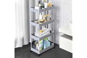 ‎SPACEKEEPER SPACEKEEPER Aufbewahrungswagen, Rollwagen mit 4 Ebenen, Nichenregal auf Rollen für Wäsche, Badezimmer mit 6 Haken und 2 Behälter, Grau