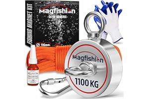 MAGFISHION Calamita Potente - Set di Magnete da Pesca - Forza di Trazione 1100KG (2x 550kg) - Ø116mm - Magneti al Neodimio - Calamite Potenti con Corda (20M) & Guanti - Magnet Fishing