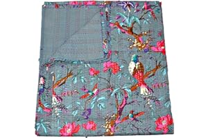 Sophia-Art - Colcha Kantha india, manta Kantha india, colcha reina, manta Kantha con estampado de pájaros, colcha bordada hecha a mano Kantha,