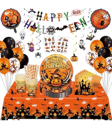 PARTY GO 125-teiliges Halloween Geschirr Set | Für 25 Gäste | Teller, Becher, Servietten | Grusel-Party Deko