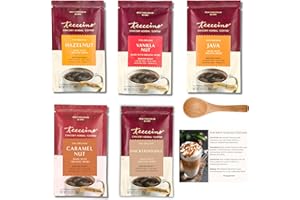 Teeccino Herbal Coffee Sampler Bundle (5-Pack, 30g Each) - Coffee Alternatives in Hazelnut, Vanilla Nut, Java, Caramel Nut & Snickerdoodle Prebiotic, Caffeine-Free, Acid-Free & Prosperina Spoon & Card