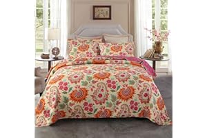 Qucover Couvre-lit 2 Personnes 220x240cm,Boutis Couvre lit Coton 100% Doux Confortable,Dessus de Lits et Couvre Lits Tournesol Vif 3 Pièces avec 2 Taies d'oreiller 50x70cm Couleur Rose/Rouge