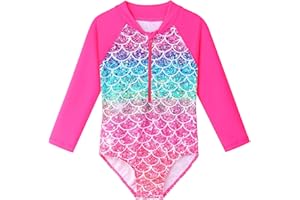 HUAANIUE Filles Enfants Maillot de Bain 1 Pièce Anti-UV UPF 50+ Enfants Filles Combinaison de Bain à Slip et Manches Longues 4-11 Ans