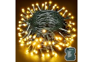 ‎OLLNY Ollny Lichterkette Außen Batterie Outdoor 10M 100 LED Warmweiß, 8 Modi Timer IP44 Wasserdichte Lichterkette Batterie für Innen Außen, Garten, Hochzeit, Party, Weihnachtsbaum (Grünes Kabel)