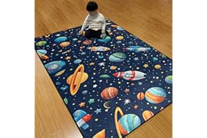 ENGREE Kids Rug, Space Playmat Rugs - 6x9 Ft Kids Carpet with Rubber Backing, Colorful Cartoon Outer Space, Planet, Rocket, Spaceship Play Mat Nursery Rugs for Children Bedroom Playroom Living Room