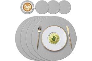 YUNJUER Round Silicone Placemats and Coasters Set, Heat-Resistant 450 °F, Non-Slip and Waterproof, Easy to Clean, Table Mats for Kitchen Dining Table Home Restaurant, 8 Pieces (Light Grey)