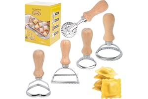 AIRBAKING ESSENTIALS AIRBAKING - 5 Pcs Pasta Maker Set, Ravioli Stamp Maker Cutter Set, Pasta Roller, Dumpling Maker, Samosa Maker, Cookie Mould, Shaped Cutters for Pasta, Noodles, Empanadas, Spaetzle with Wooden Handle