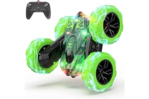 BEZGAR LED Remote Control Cars - 2.4GHz Double Sided Stunt Car, 360° Flips Rotating 4WD RC Car, Indoor & Outdoor Fun Rechargeable Toy Gifts for Boys Kids Girls, TD203 Green