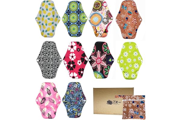 ZCOINS Serviettes Hygiéniques Lavables Réutilisables 10 Pack - Taille M (26cm) Flux Modéré, Bambou Confortable + PUL Imperméable, Protection Périodique Durable, Sac Étanche Inclus