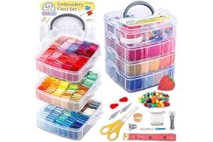 INSCRAFT 403 Pack Embroidery Kits for Adults, 250 Colours Embroidery Threads, Cross Stitch Kits for Beginners Bracelet and Craft Making, 153 Pcs Cross Stitch Tool, 4-Tier Transparent Craft Storage Box