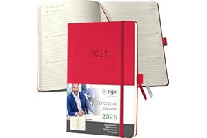 ‎SIGEL SIGEL C2564 Terminplaner Wochenkalender 2025, ca. A5, rot, Hardcover, 192 Seiten, Gummiband, Stiftschlaufe, Archivtasche, aus nachhaltigem Papier, Conceptum