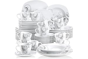 Veweet ZOEY 60pcs Service de Table Porcelaine 12pcs Assiette Plate, Assiette à Dessert, Assiette Creuse, Tasse avec Soucoupes pour 12 Personnes Vaisselles Céramique Fleuri Noir Design Moderne