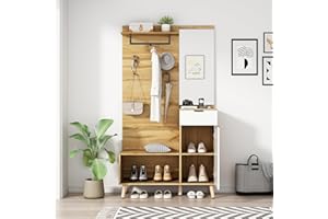 Moimhear Conjunto de Armario de Madera con Espejo, Banco Zapatero, Zapatero, cajón, balda y Perchero, con bisagras hidráulicas(Color Madera+Blanco(104x37x190cm))