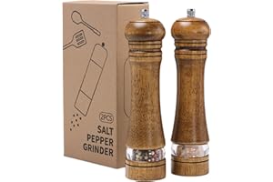 Mikinya Molinillo de sal y pimienta de madera con ventana acrílica, molinillo de pimienta de madera, mecanismo de molienda de cerámica ajustable, recargable para varias especias (22 cm, 2 unidades)