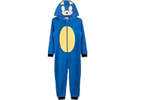 Sonic The Hedgehog Kids Blue Onesie | Boys & Girls 3D Ears Hooded All-in-One Pyjamas with Sonic Face Print | Soft Fleece Character PJs for Gaming, Loungewear, Dress-Up, Nightwear |Official Merchandise
