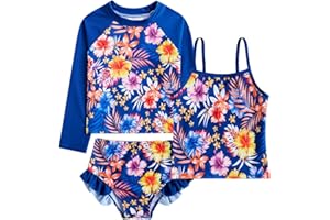 Belovecol Girls Swimming Costume 3-Piece Bathing Suit Long Sleeve Swimsuit with Ruffle Shorts Tankini Sets Beachwear 4-10 Years