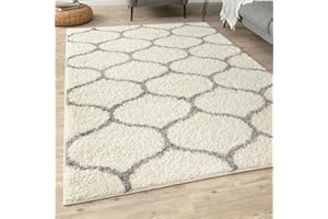 THE RUGS Shaggy Rug – Modern Moroccan Design Rugs for Living Room, Bedroom, Hallway, 3 cm Thick Area Rugs, (Trellis Ivory/Grey, 80x150cm)
