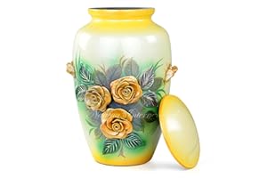 NAGINA INTERNATIONAL 27,9 cm 3D-geschnitzte, dekorative Blumen, Aluminium-Metall-Urnen für menschliche Asche | handgefertigte große Urne für Erwachsene (gelbe Rosen)