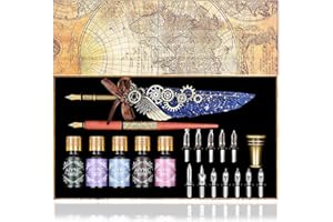 YICMY Quill Pen and Ink Set, Feather Wooden Pen Calligraphy Pen Set with 5 Inks 6 Nibs, Fountain Dip Pen Stationery Gift Calligraphy Set for Beginners Handwriting Lovers