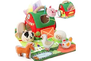 URMYWO Juguetes Bebes 6-12 Meses, Granja Animales y Juguetes Niños Montessori con Espejo Seguro, 6 Peluches, Pañuelos de Seda para Estimular los Sentidos y Motricidad Fina, Regalo Niños/Niñas 1-3 Años