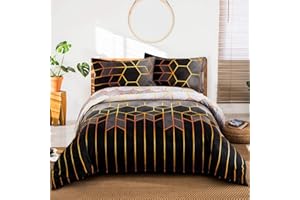 DJY Geometric Diamond Duvet Cover Golden Stripes Soft Microfiber Bedding Set, Reversible Lightweight Quilt Cover 3pcs with Zipper Closure (Grey, Double)