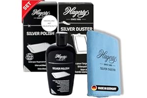 ‎HAGERTY Hagerty Set Silver Polish + Silver Duster Silberputztuch mit Anlaufschutz für Silber und versilbertes Metall Vasen Rahmen I Effiziente Silber-Politur und Silber-Poliertuch für erneuerten Glanz