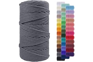 LEREATI Corde Macramé 5mm x 100m, Fil Macramé Corde Coton Naturelle, Grosse Ficelle Cordelette 5mm Cordon Macramé pour Macrame Mural, Porte Plante, Bricolage, Décoration Boho (Gris)