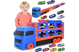 Cugybue Camion Giocattolo per Bambini,Auto Giocattolo Pista Portatile con 12 Auto da Corsa,Camion Macchinine per Bambini Set Giocattolo Veicolo di Trasporto,Blu