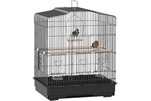 PawHut Jaula para Pájaros 46,5x36x59 cm Pajarera de Acero con Puertas 2 Comederos 2 Perchas Columpio Bandeja Extraíble y Asa de Transporte para Loro Canario Periquito Negro