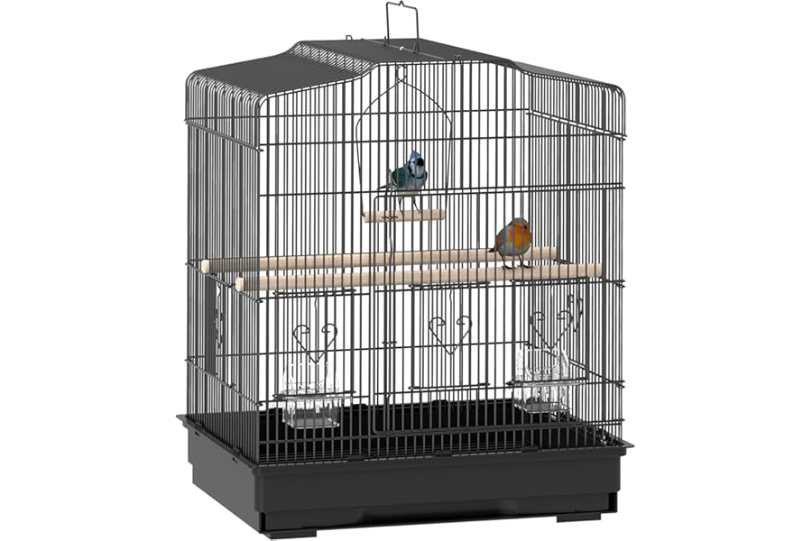PawHut Bird Cage with Perches, Food Bowls, Swing, Parrot Cage for Budgie, Parakeet, Small Bird, 46.5 x 36 x 59cm, Black