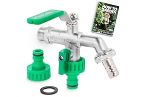 BFG Robinet de Jardin, Kit pour Tuyau d'Arrosage, Entrée 1/2" BSP, Deux Sorties 3/4" BSP, Raccord pour Tuyau - Laiton Nickelé, Robinet à Bille à Double Robinet, Livre d'École