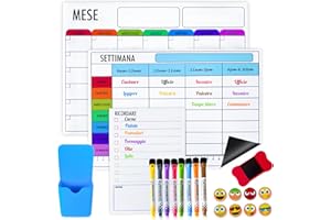 N NUEVAS IDEAS Juego de 3 pizarras magnéticas para nevera – Calendario magnético nevera – Pizarra semanal borrable – Incluye 3 pizarras, 8 rotuladores, 8 imanes, 1 goma, 1 portalápices (italiano)