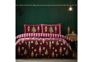 Catherine Lansfield Świąteczny dziadek do orzechów, dwustronny, pojedynczy, zestaw poszewek na kołdrę z poszewką na poduszkę, śliwka