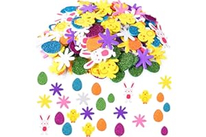 JULBEAR 300 Pieces Easter Foam Stickers Colorful Decorative Bulk Mini Glitter Self-Adhesive Egg Bunny Chick Flower Stickers for DIY Crafts Home Decoration Easter Supplies