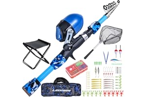 LEOFISHING 170cm/5.6ft Kids Fishing Rod Set Portable Telescopic Kids Fishing Poles with Collasible Chair Fishing Net Carrier Bag and Full Kits for Boys and GirlsBeginner and Youth