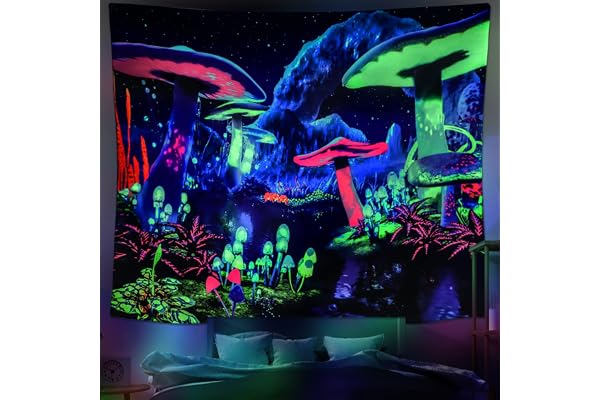 Dremisland Champignon Tapisserie Murale Blacklight Tapisserie Galaxie Lune Lumière Noire Réactive UV Paysage Végétal Papillon Tenture Murale Chambre Décor à la Maison