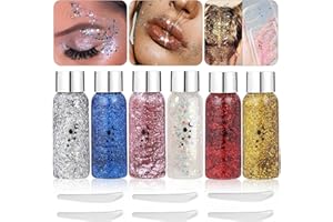 Toaren 6 Bottle Body Glitter Gel, Glitzer Gesicht Chunky Glitter Liquid mit Kleinen Löffeln, Glitter Mermaid Sequins Festival Glitzer Gesicht Gel für Haare,Gesicht, für Musikfestivals,Party,Masquerade