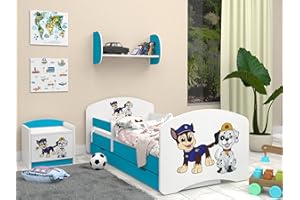 ‎HAPPY BABIES Happy Babies Kinderbett - mit Rausfallschutz Junge 140x70 Bett für Kinderzimmer mit Schublade & Matratze Einzelbett für Kinder Weiß/Blau HundemotivBlau