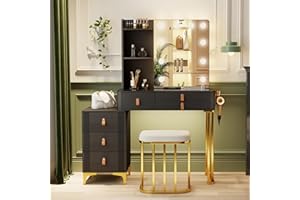 ‎FREDEES FREDEES Schminktisch mit Beleuchtung & Spiegel, Groß Schminktisch mit Stuhl & verstellbaren 3 Farben LED-Beleuchtung und Ladestation, 6 Schubladen, Glas-Schreibtischplatte, Schwarz