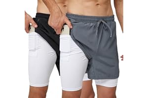 frueo 2 Pack 2 in 1 Mens Running Shorts Quick Dry Gym Lightweight Sport Athletic Training Shorts with Zipper Pocket Compression Base Liner