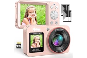 DEATTI 4K Digitalkamera, FHD 64MP Fotokamera mit Zwei Bildschirme, 18X Autofokus Fotoapparat Digital Camera Für Teenager, Kompaktkamera mit 64G SD Karte für Kinder Erwachsene Ältere Anfänger, Pink