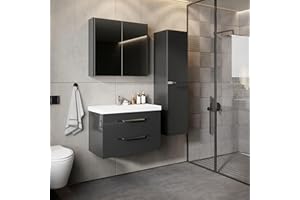 KAREN banyo Badezimmermöbel Set Lotus 80 Anthrazit | Keramikwaschbecken | Unterschrank | Spiegelschrank | Softclose-Schubladen & -Türen & Griffleisten aus Chrom| Moderner Stil | Badmöbel Waschtisch