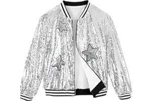 LOLANTA Girls Sequin Bomber Jacket with Pockets Zipper Long Sleeve Sparkle Baseball Jackets